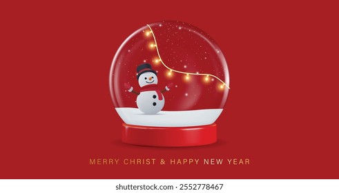 Navidades de vidrio transparente con muñeco de nieve en el interior y globo de nieve sobre fondo rojo con podio de soporte redondo para productos de estudio. Escena realista en 3D para maquetas de productos. Ilustración vectorial