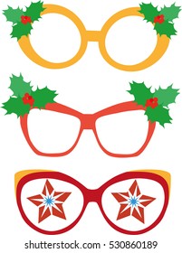 Christmas glasses on a white background. Props for photography and masquerade parties. Flat style illustration. Or for scrapbooking.