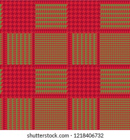 Christmas Glen Plaid Seamless Vector Pattern in Red and Green with Dark Red Overcheck Stripes. Prince of Wales Check. Trendy High Fashion Print. 8x8 Check Houndstooth. Pixel Perfect Tile Swatch Incl.