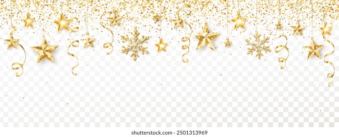 Decoración del brillo de las Navidades. Estrellas brillantes doradas y copos de nieve. Marco de confeti para Anuncios de vacaciones de invierno, carteles de fiesta de año nuevo, publicidad. El fondo transparente se puede eliminar en el archivo de Vector