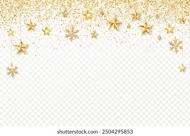 Christmas glitter decoration.Golden glittering stars and snowflakes.Confetti frame for winter holidays banners, new year party posters, advertising.Transparent background can be removed in vector file