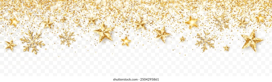 Christmas glitter decoration.Golden glittering stars and snowflakes.Confetti frame for winter holidays banners, new year party posters, advertising.Transparent background can be removed in vector file