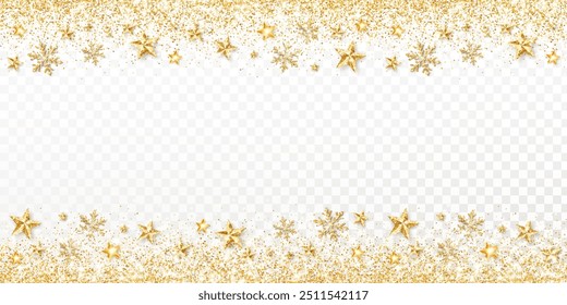 Natal brilhante decoração.Golden estrelas brilhantes e flocos de neve.Quadro de confete para faixas de férias de inverno, cartazes de festa de ano novo, propaganda.Fundo transparente pode ser removido em arquivo vetorial