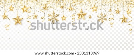 Christmas glitter decoration.Golden glittering stars and snowflakes.Confetti frame for winter holidays banners, new year party posters, advertising.Transparent background can be removed in vector file