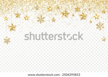 Christmas glitter decoration.Golden glittering stars and snowflakes.Confetti frame for winter holidays banners, new year party posters, advertising.Transparent background can be removed in vector file