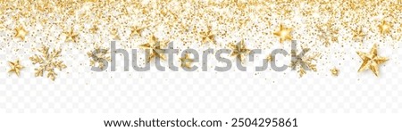 Christmas glitter decoration.Golden glittering stars and snowflakes.Confetti frame for winter holidays banners, new year party posters, advertising.Transparent background can be removed in vector file