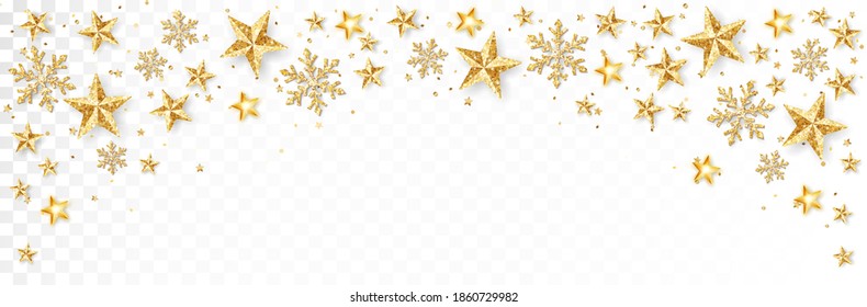 Christmas glitter frame. Stars and snowflakes. Holiday banner with golden decoration. Festive vector background on transparent. For Christmas and New Year banners, headers, party posters.