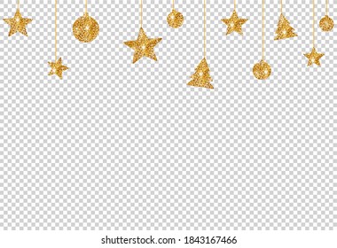 Christmas Glitter Golden Decoration, Star, Ball, Tree Hanging From Top Isolated  On Png Or Transparent  Background, Space For Text, Sale Banner Template , New Year, Birthdays,  Luxury Card, Vector 