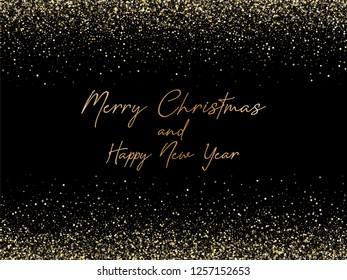 Christmas glitter sparkles, gold New Year frame border background. Magic sparkling cosmic pattern, falling down gold glitter confetti. Celebration holiday lights, festive new year, christmas sparkles 