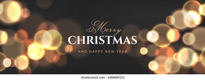 Christmas glitter vector luxury banner design. Black golden background with sparkling bokeh and gold confetti. Elegant festive decoration, gift card template