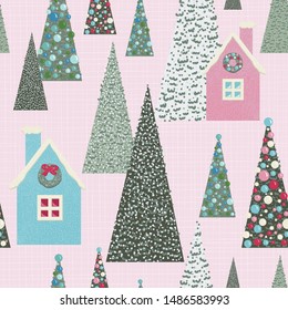 Christmas glitter village seamless pattern. Retro pink, blue and green. Snow scene with decorated trees and whimsical cardboard houses. Perfect for gift wrapping paper, tree skirts and holiday cards.