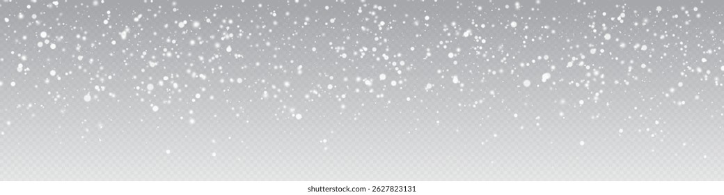 Christmas glittering snowflakes in air on transparent background.  Snow overlay effects. Snow background. Heavy snowfall with frosty particles. Winter ambiance. Vector overlay for holiday designs.