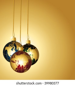 Christmas globe balls on a golden festive background. Vector illustration.