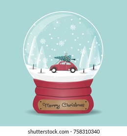Christmas globe with car and tree on top in a snow forest. Vector illustration.