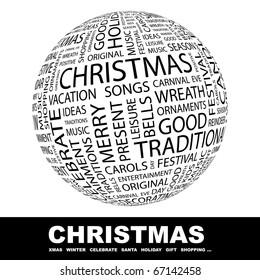 CHRISTMAS. Globe with different association terms.