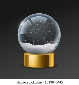 Christmas Globe. Empty Snowglobe With Snow, Magic Crystal Ball. Transparent Glass Sphere With Snowflakes. Xmas Souvenir Vector Winter 3d Bubble Mockup