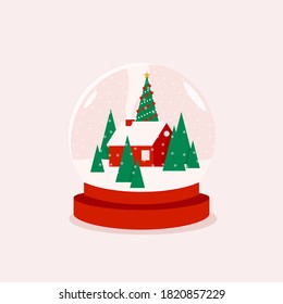 Christmas in a Globe or Christmas glass ball vector illustration with red house and fir trees and christmas tree for xmas card or poster design. 