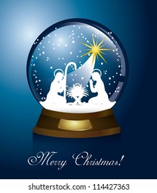 christmas globe with nativity scene over blue background. vector