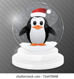 Christmas globe with snowflakes and penguin. Magic ball. Vector illustration.