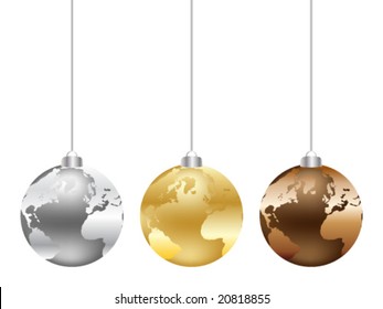 christmas globe with world map on it different colors vector illustration