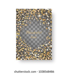 Christmas glossy brochure template with soaring confetti stars for festive design