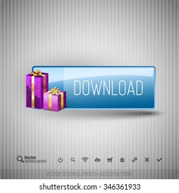 Christmas glossy button with purple gifts as icon on the gray background. Vector design elements.