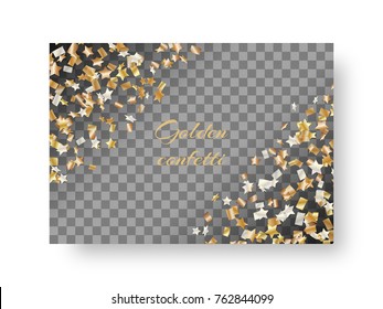 Christmas glossy design greetings card with flying golden stars confetti for festive decoration