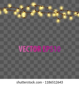 Christmas glossy electric garland lights effect. Glowing lights Xmas Holiday decoration. Vector illustration on transparent background.