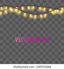 Christmas glossy electric garland lights effect. Glowing lights Xmas Holiday decoration. Vector illustration on transparent background.