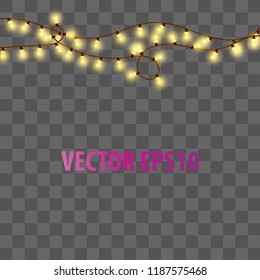 Christmas glossy electric garland lights effect. Glowing lights Xmas Holiday decoration. Vector illustration on transparent background.