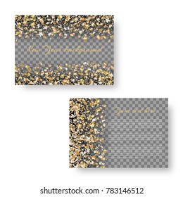 Christmas glossy invitation template with falling golden stars of confetti for festive decoration