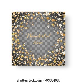 Christmas glossy layout design of leaflets with falling stars of confetti for festive decoration