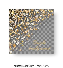 Christmas glossy layout of an invitation card with soaring golden stars of confetti for a festive design