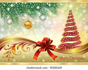 Christmas glossy tree over red background