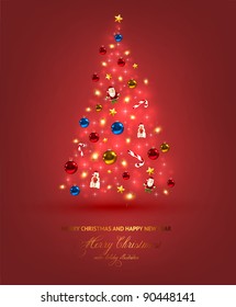 Christmas glossy tree with stars, balls, Santa Claus and Snowman