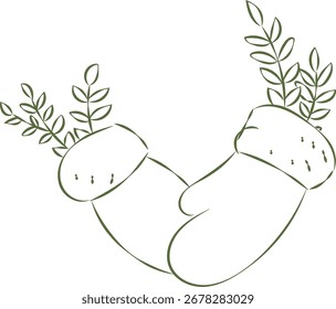 Weihnachtshandschuhe mit botanischen Elementen im Skizzenstil. Fäustlinge mit Blättern in einer handgezeichneten Art und Weise geschmückt. Cartoon, Vektorgrafik.