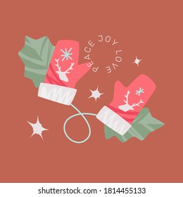 Christmas gloves greeting card in contemporary flat modern style with round stamp template. Vector hand-drawn seasonal design.