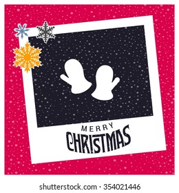 Christmas Gloves,  photo frame with Snowflake border and creative typography in footer on glowing Vector background