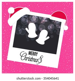 Christmas Gloves. Picture frame with Santa Hat on top and Merry Christmas typography on glowing Snowflakes Vector background