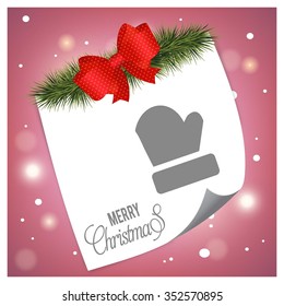 Christmas Gloves. christmas tree fir & Ribbon banner with page curl background