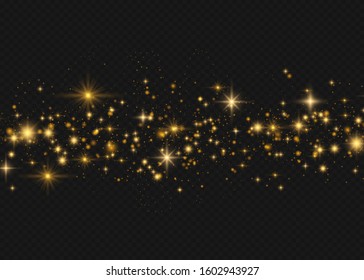 Christmas Glow light effect. Star burst with sparkles. Golden glowing lights. Gold glittering star dust trail sparkling particles on transparent background. EPS10