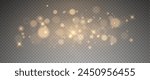 Christmas glowing bokeh confetti light and glitter texture overlay for your design. Festive sparkling gold dust png. Holiday powder dust for cards, invitations, banners, advertising.