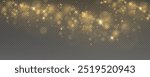 Christmas glowing bokeh confetti light and glitter texture overlay for your design. Festive sparkling gold dust png. Holiday powder dust for cards, invitations, banners, advertising.