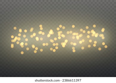  Christmas glowing bokeh confetti light and glitter texture overlay for your design. Festive sparkling gold dust png. Holiday powder dust for cards, invitations, banners, advertising.