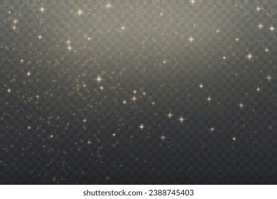 Christmas glowing bokeh confetti light and glitter texture overlay for your design. Festive sparkling gold dust png. Holiday powder dust for cards, invitations, banners, advertising.