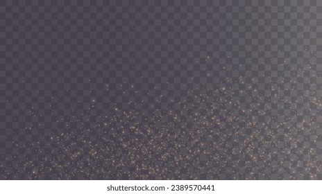  Christmas glowing bokeh confetti light and glitter texture overlay for your design. Festive sparkling gold dust png. Holiday powder dust for cards, invitations, banners, advertising.

