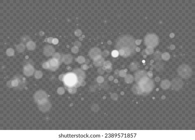  Christmas glowing bokeh confetti light and glitter texture overlay for your design. Festive sparkling white dust png. Holiday powder dust for cards, invitations, banners, advertising.