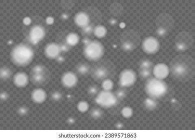  Christmas glowing bokeh confetti light and glitter texture overlay for your design. Festive sparkling white dust png. Holiday powder dust for cards, invitations, banners, advertising.