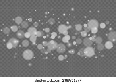  Christmas glowing bokeh confetti light and glitter texture overlay for your design. Festive sparkling white dust png. Holiday powder dust for cards, invitations, banners, advertising.