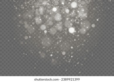  Christmas glowing bokeh confetti light and glitter texture overlay for your design. Festive sparkling white dust png. Holiday powder dust for cards, invitations, banners, advertising.
